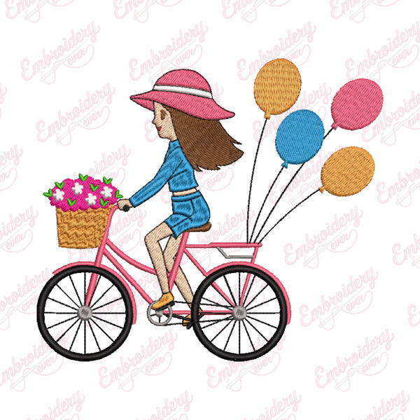 Young Woman Riding Bicycle Embroidery Design