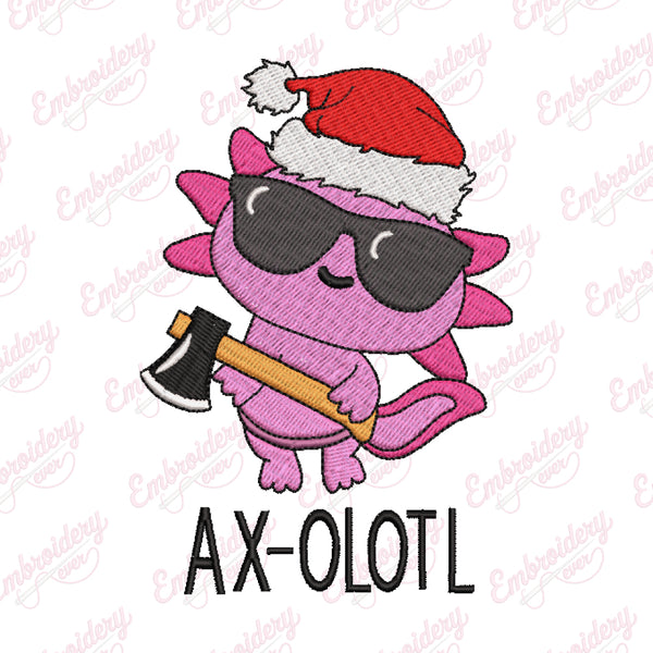 Cool Christmas Axolotl With Axe Embroidery Design