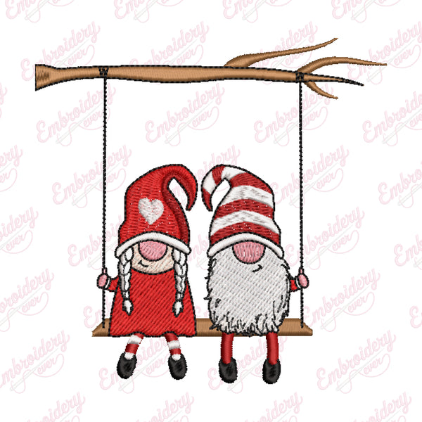 Christmas Gnome Couple On Swing Embroidery Design
