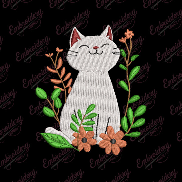 Cat With Flower Digital Embroidery Design