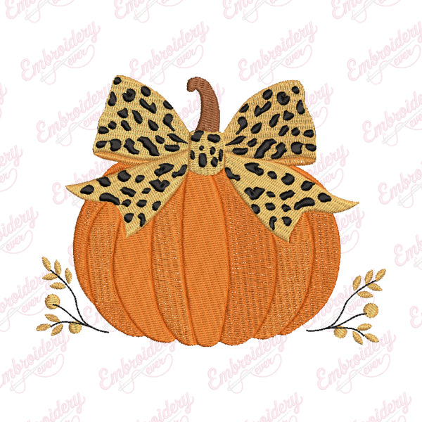 Pumpkin With Leopard Print Bow Thanksgiving Embroidery Design