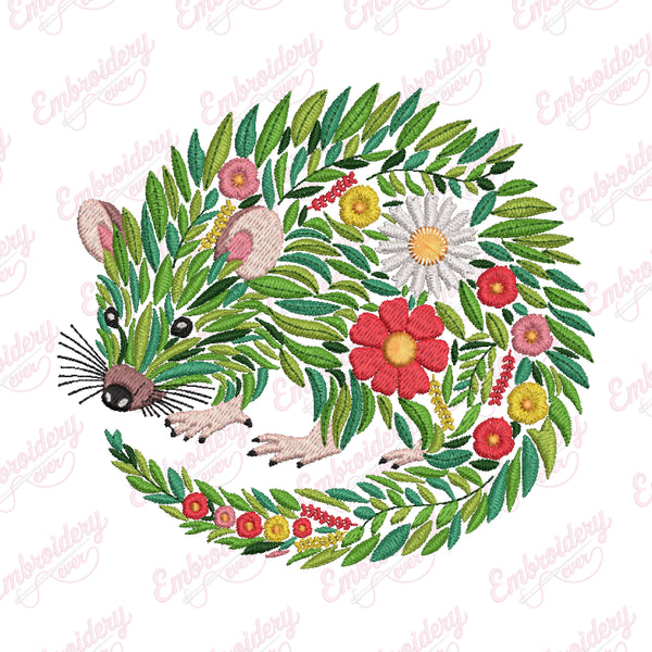 Colorful Botanical Opossum Embroidery Design