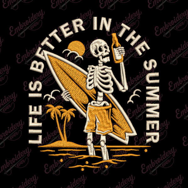 Summer Skeleton Surfer Embroidery Design