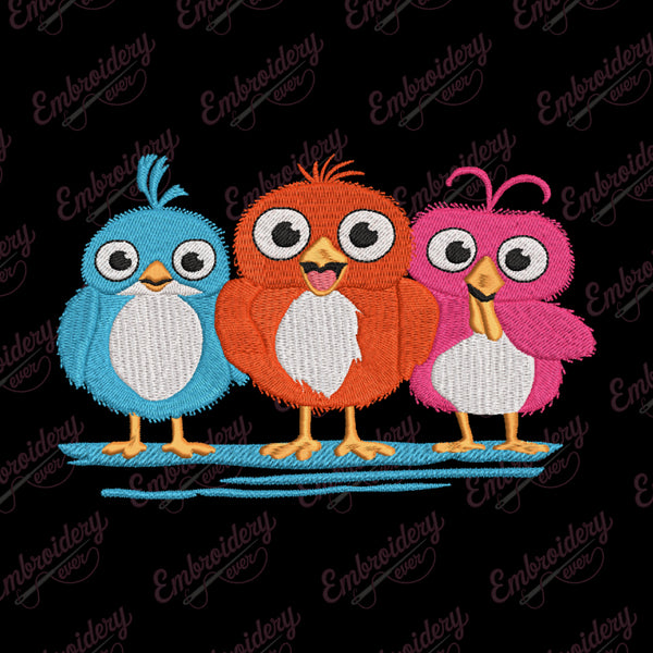 Three Colorful Cartoon Style Birds Embroidery Design