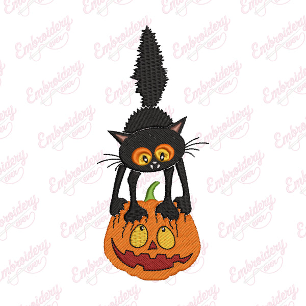Black Cat on Halloween Pumpkin Embroidery Design