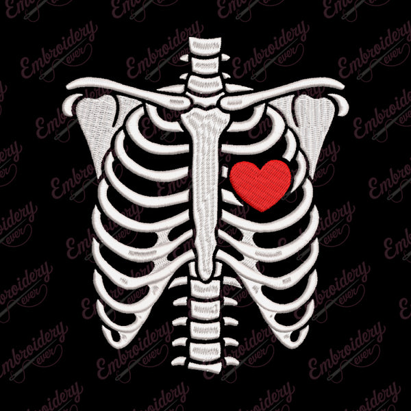 Halloween Skeleton Rib Cage With Heart Embroidery Design