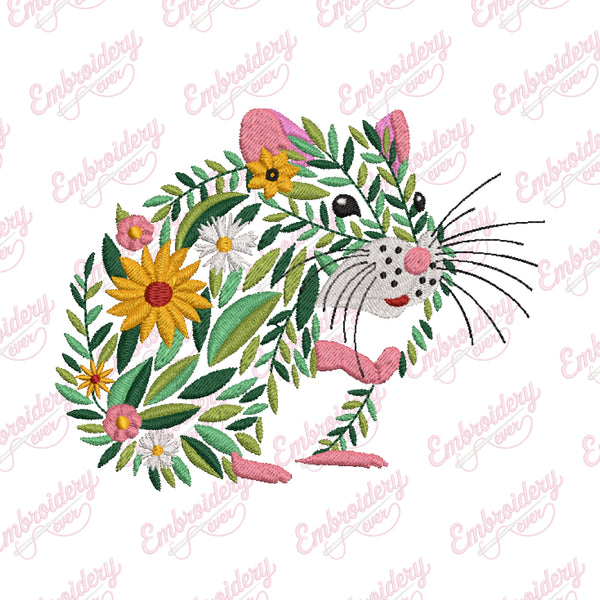Colorful Botanical Hamster Embroidery Design
