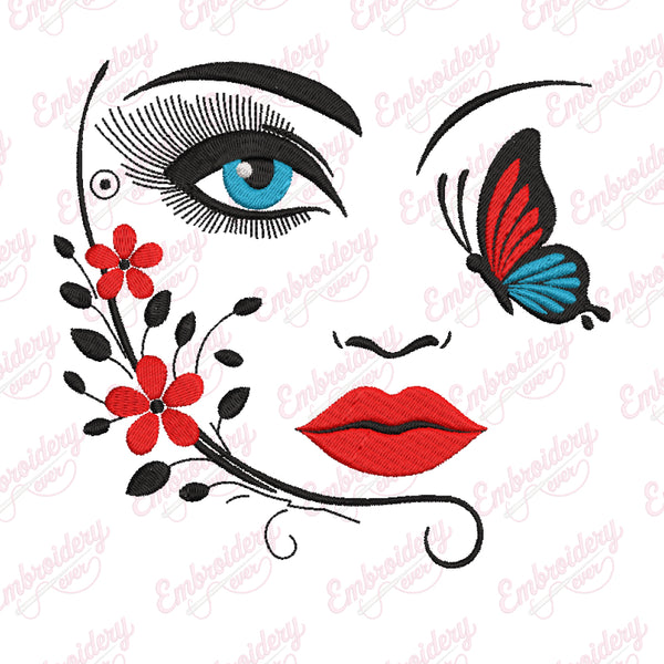 Girl Face With Butterfly Embroidery Design