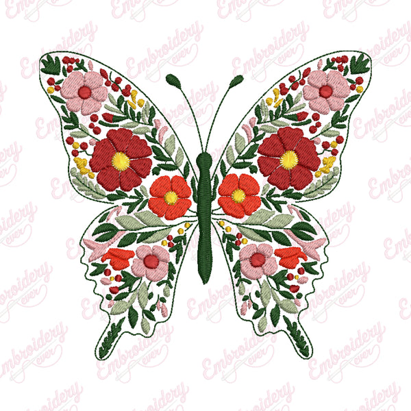 Tropical Leaves And Flowers Butterfly Embroidery Design