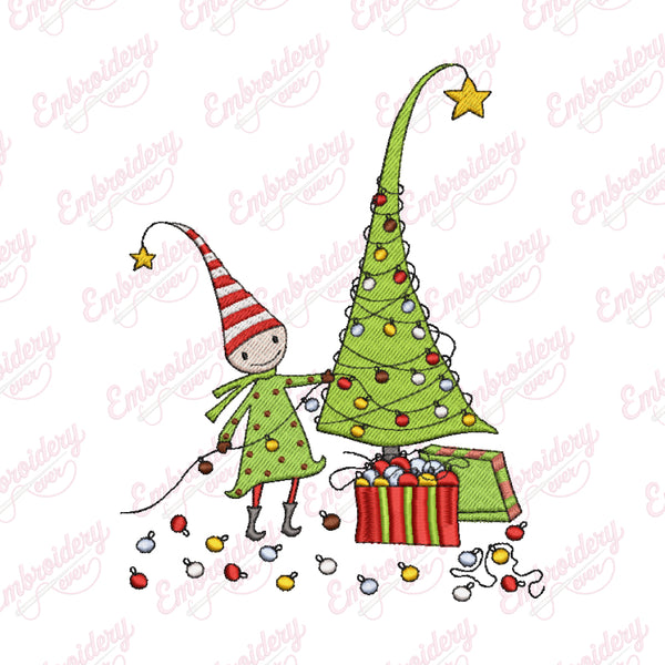 Christmas Elf Decorating Tree Embroidery Design