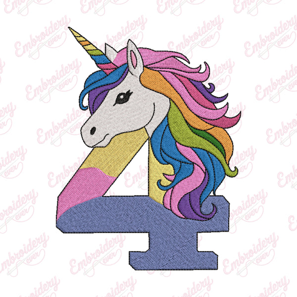 Unicorn Number 4th Birthday Embroidery Design