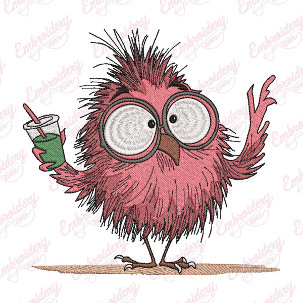 Crazy Bird With Large Eyes And Glasses Embroidery Design