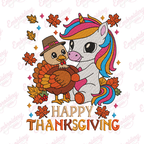Unicorn Hugs Turkey Happy Thanksgiving Embroidery Design