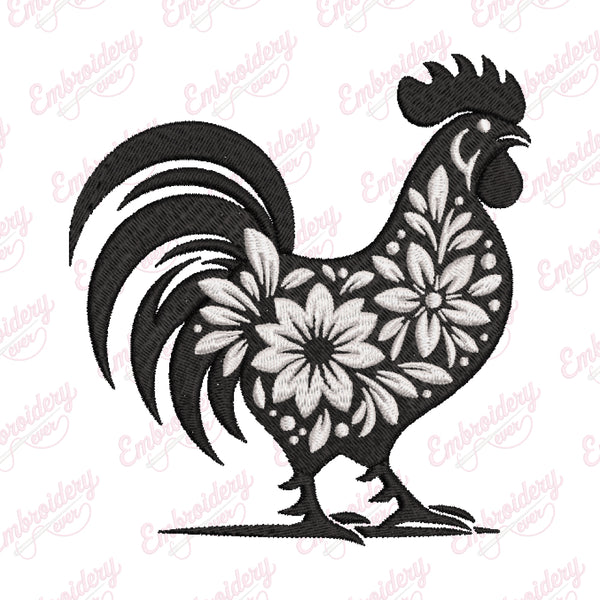 Floral Rooster Embroidery Design