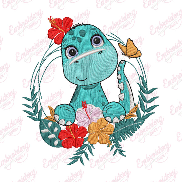 Dinosaur With Flower Machine Embroidery Design