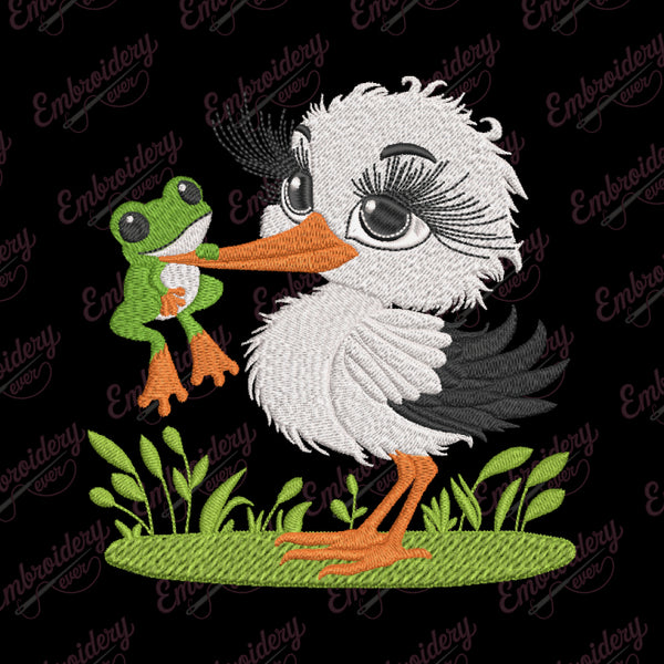 Stork Holding A Frog Embroidery Design