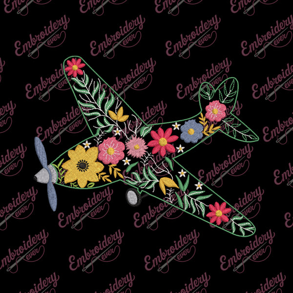 Floral Airplane Linart Embroidery Design