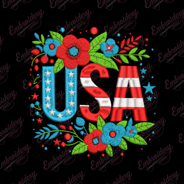 4th of July USA Floral Embroidery Design