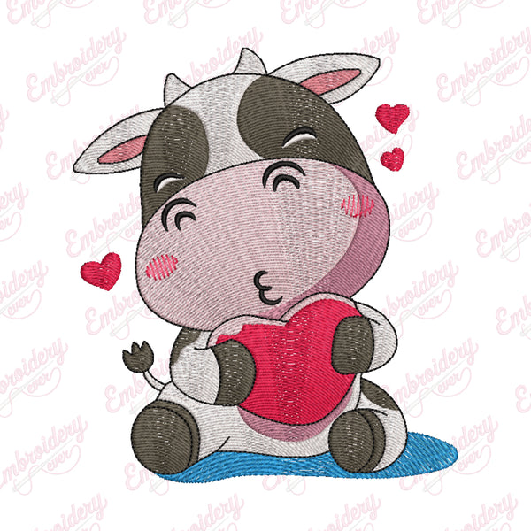 Cartoon Cow With Heart Embroidery Design