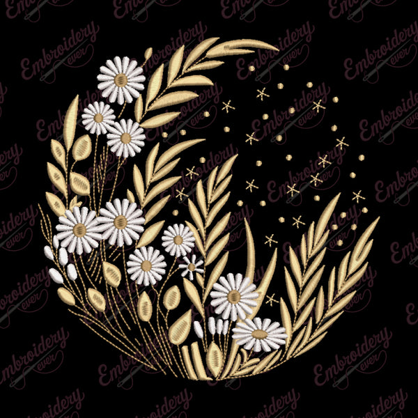 Floral Garden Under Moonlit Night Sky Embroidery Design