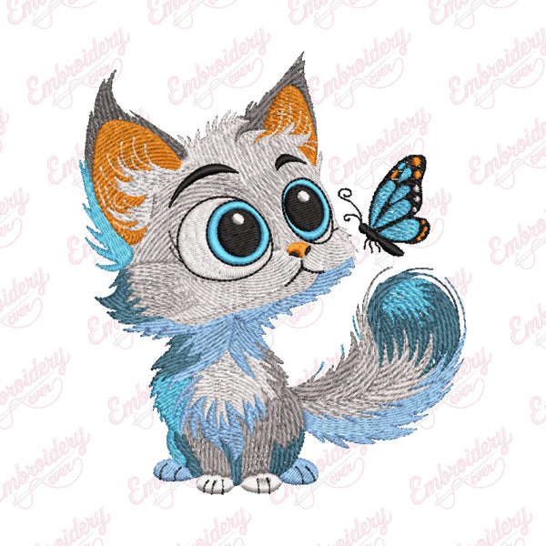 Cute Cat Observing Butterfly Embroidery Design