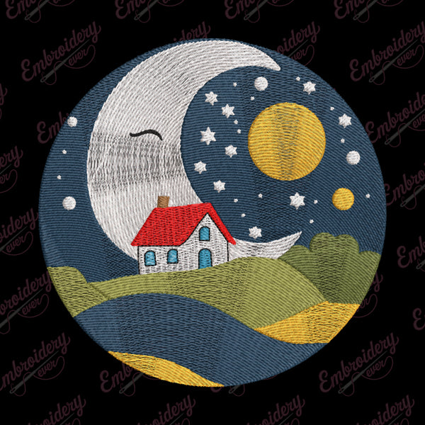 Moon Night Cottage Embroidery Design