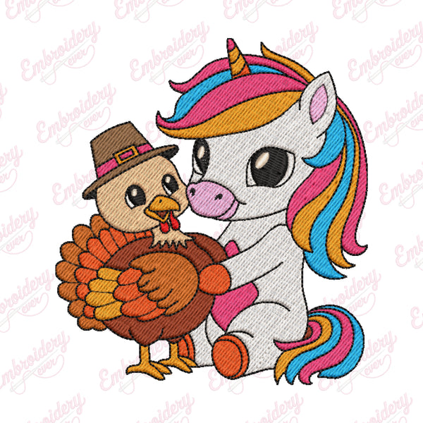 Cute Unicorn Hugs Turkey Thanksgiving Embroidery Design