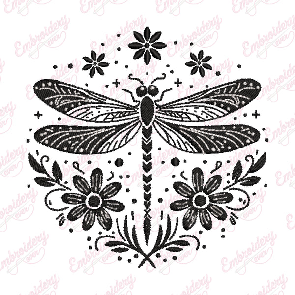Floral Dragonfly Embroidery Design