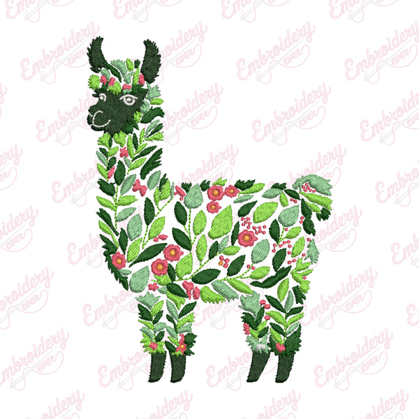 Tropical Leaves And Flowers Llama Embroidery Design