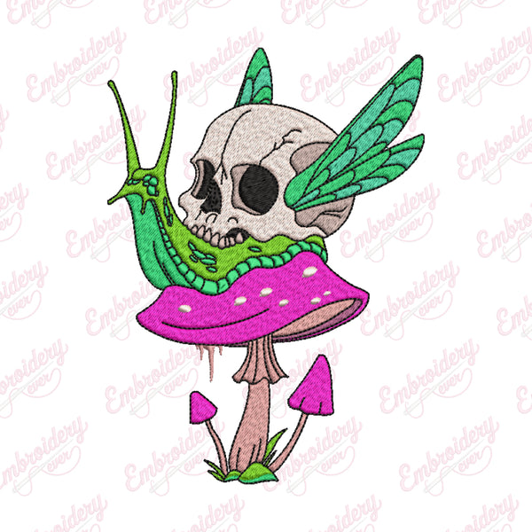 Skull Snail On Mushroom Embroidery Design