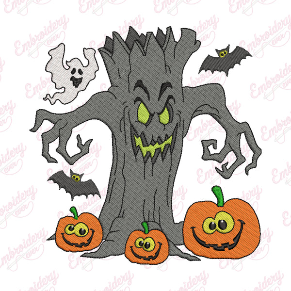 Halloween Haunted Tree Embroidery Design