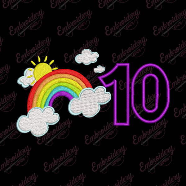 Rainbow Birthday Number 10 Embroidery Design