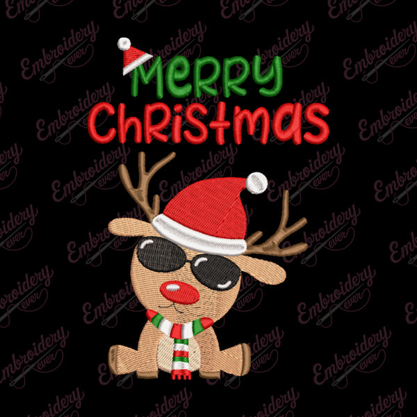 Cool Merry Christmas Reindeer Embroidery Design