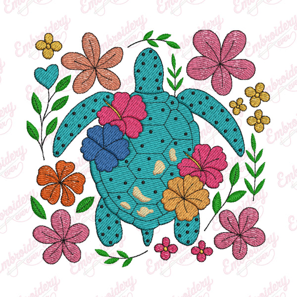 Floral Sea Turtle Embroidery Design