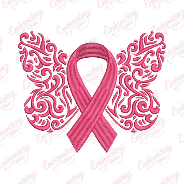 Breast Cancer Ribbon With Butterfly Wings Embroidery Design