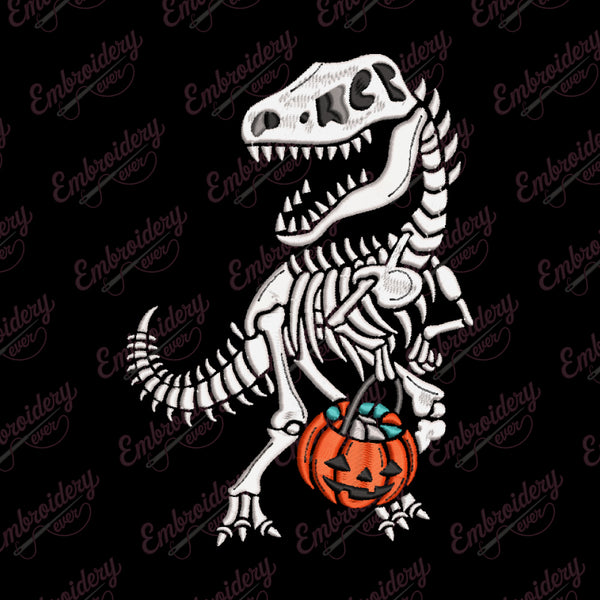 Halloween T-Rex Dinosaur Skeleton with Pumpkin Embroidery Design