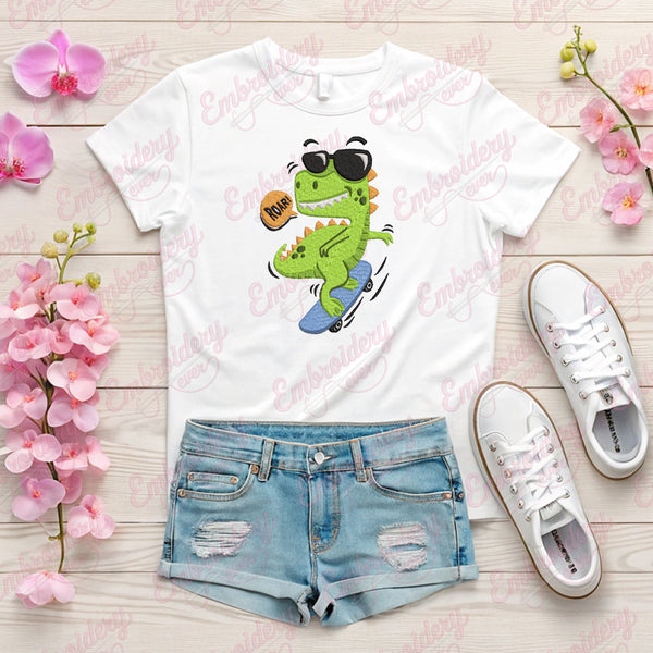 Cute Dinosaur Playing Skateboard Embroidery Design