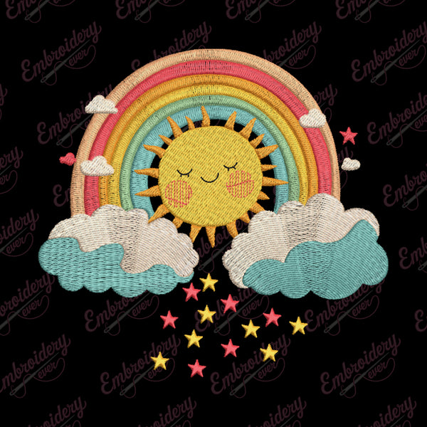 Happy Sun and Rainbow Embroidery Design