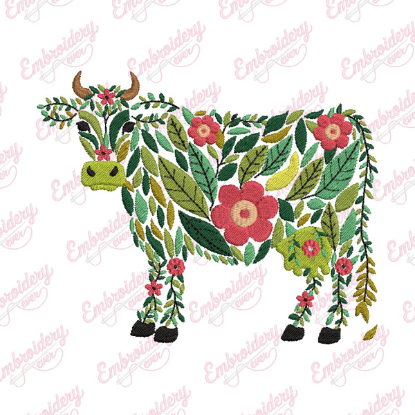 Tropical Leaves And Flowers Cow Embroidery Design