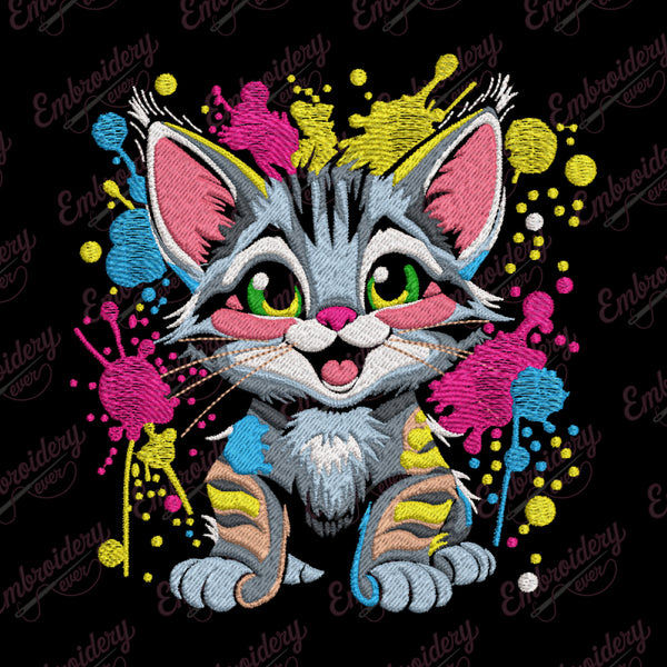 Cat In Splash Of Colors Embroidery Design