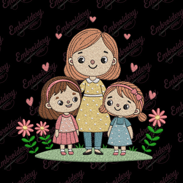 Cute Mom and Daughters Embroidery Design