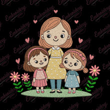 Cute Mom and Daughters Embroidery Design