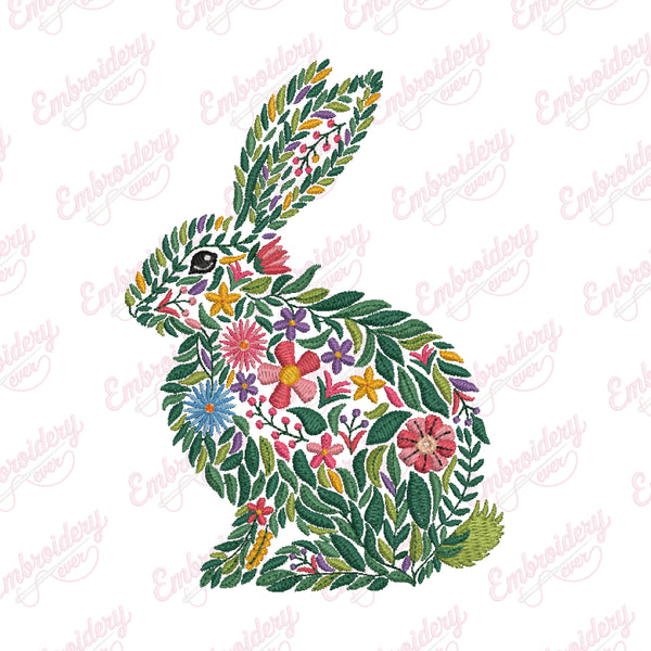 Tropical Leaves And Flowers Bunny Rabbit Embroidery Design