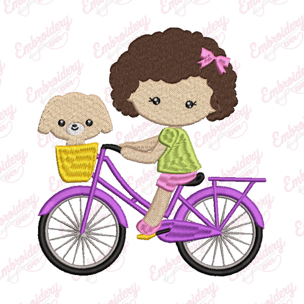 Cute Girl Riding Bicycle Embroidery Design