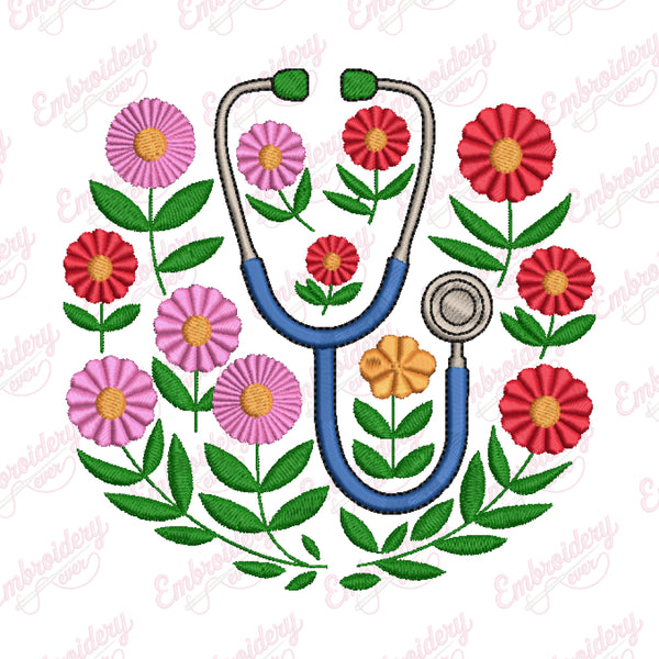 Floral Stethoscope Machine Embroidery Design