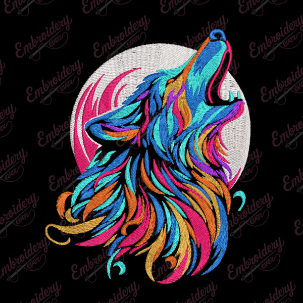 Colorful And Stylized Wolf Embroidery Design