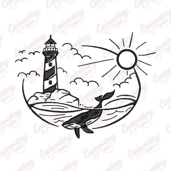 Whale Lighthouse Embroidery Design