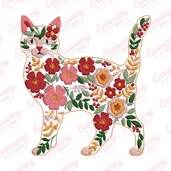 Tropical Leaves And Flowers Cat Embroidery Design