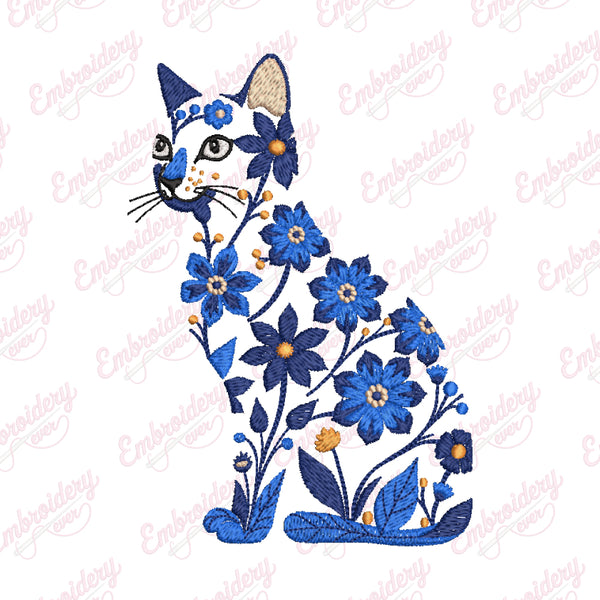 Blue and White Cat with Flowers Embroidery Design