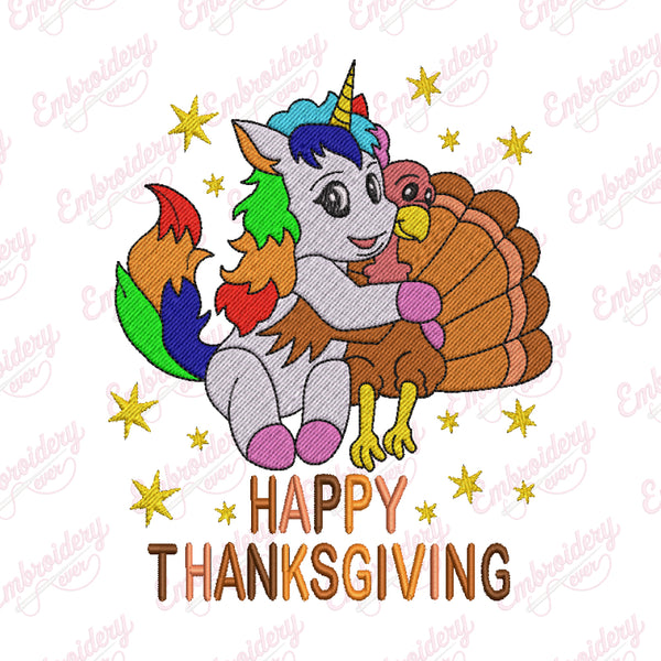 Unicorn And Turkey Happy Thanksgiving Embroidery Design